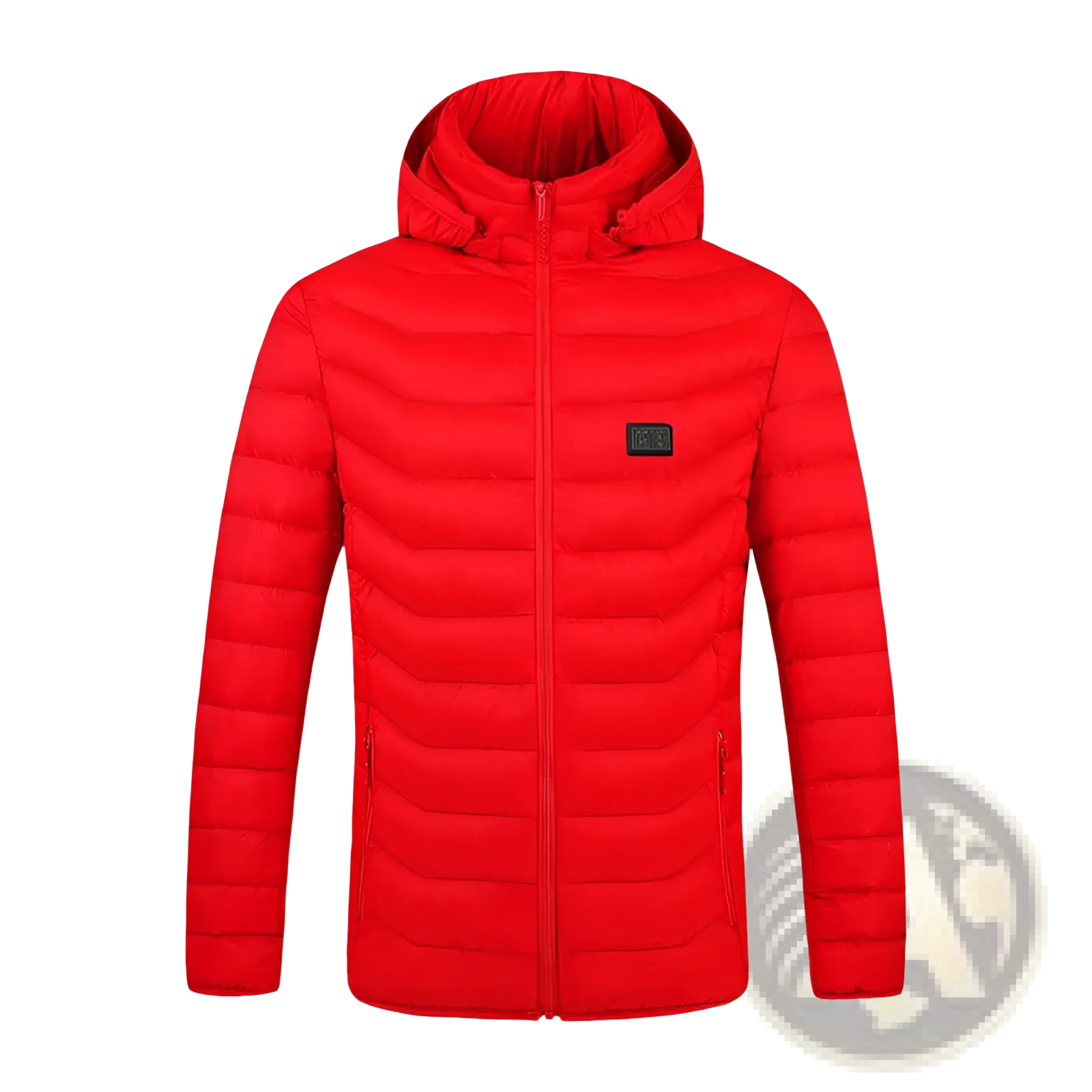 Bright red quilted electric heated jacket with detachable hood and black rectangular logo patch on the chest