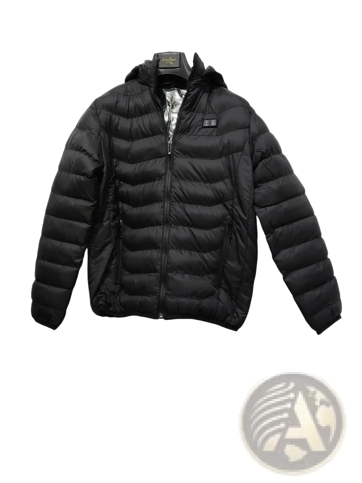 Black quilted electric heated puffer jacket with detachable hood and front zipper hanging on a hanger
