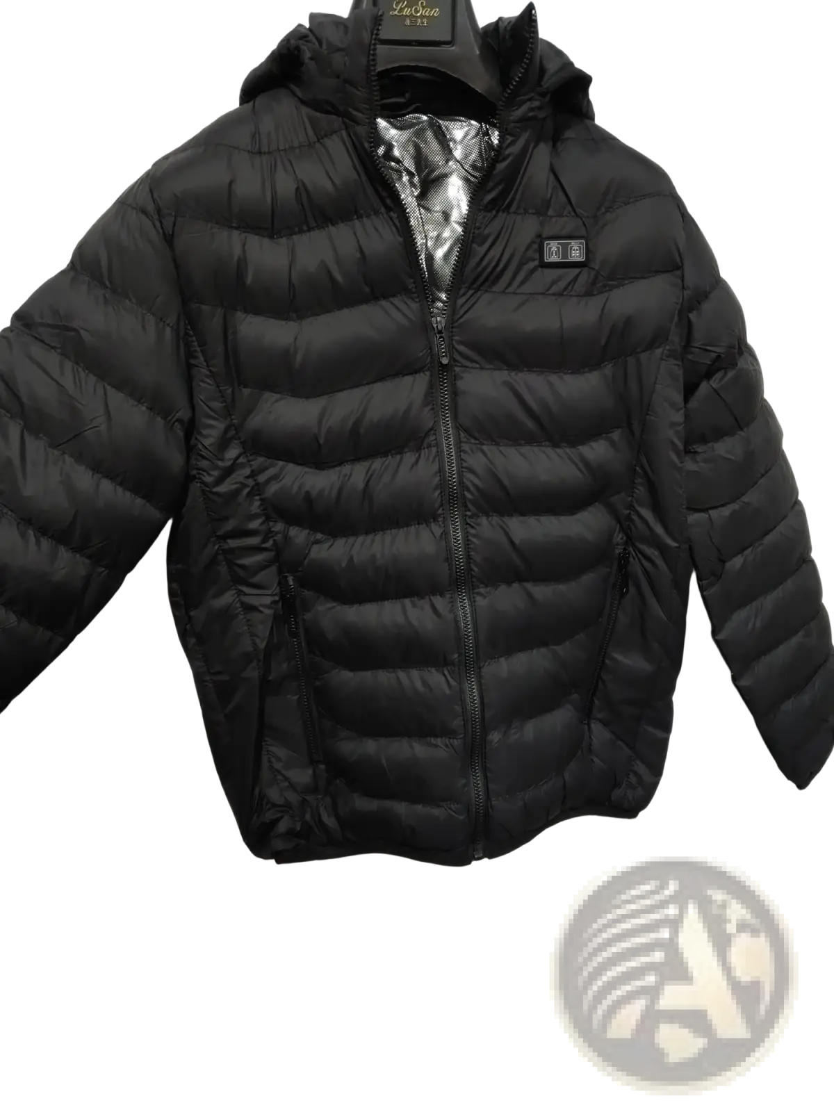 Black multi zone quilted electric heated puffer jacket with detachable hood and silver-lined interior