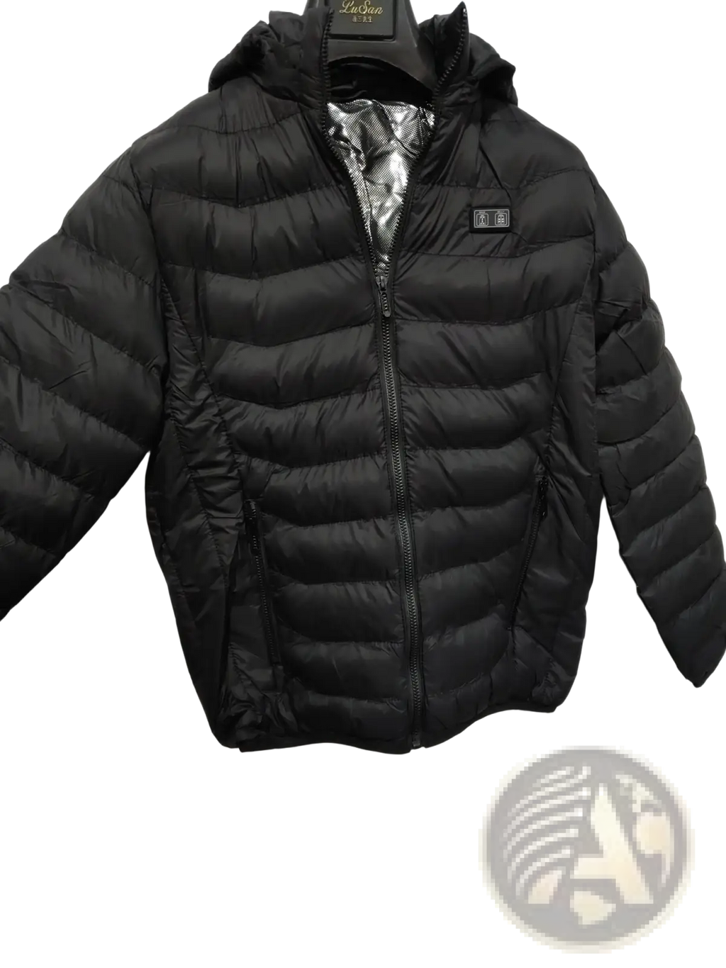 Black multi zone quilted electric heated puffer jacket with detachable hood and silver-lined interior