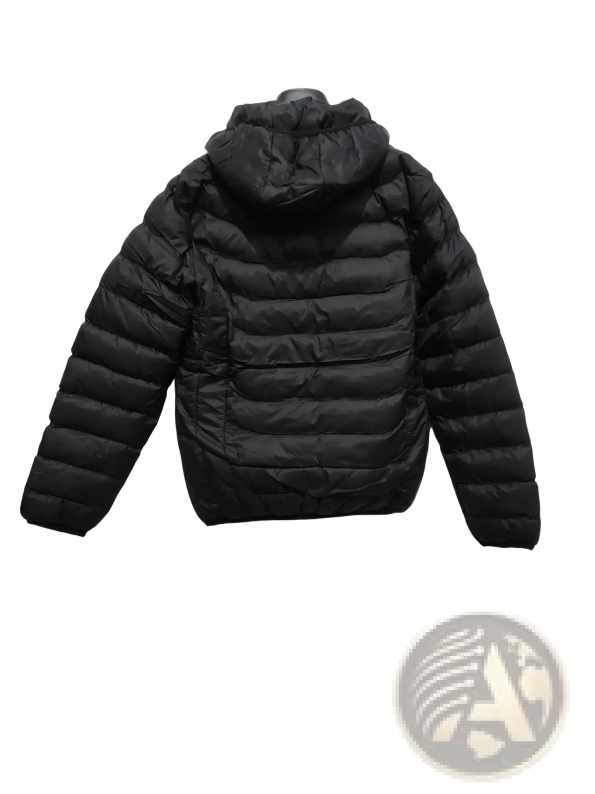 Black quilted puffer jacket with electric heating and a detachable hood for versatile cold weather wear