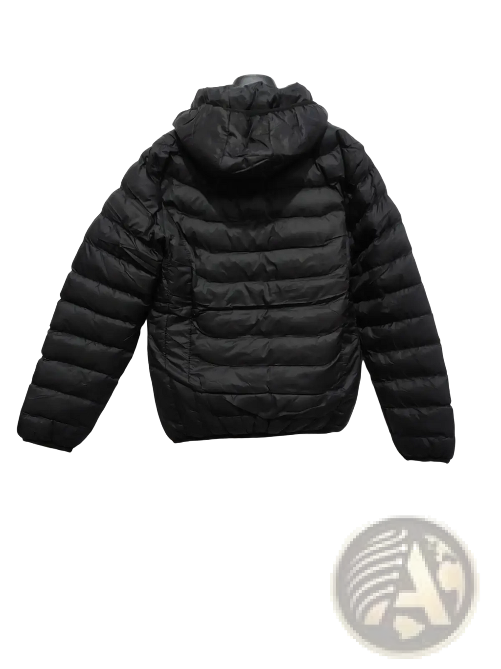 Black quilted puffer jacket with electric heating and a detachable hood for versatile cold weather wear