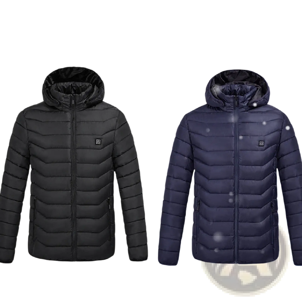 Multi zone quilted electric heated jackets in black and navy blue with detachable hoods and sleek modern design