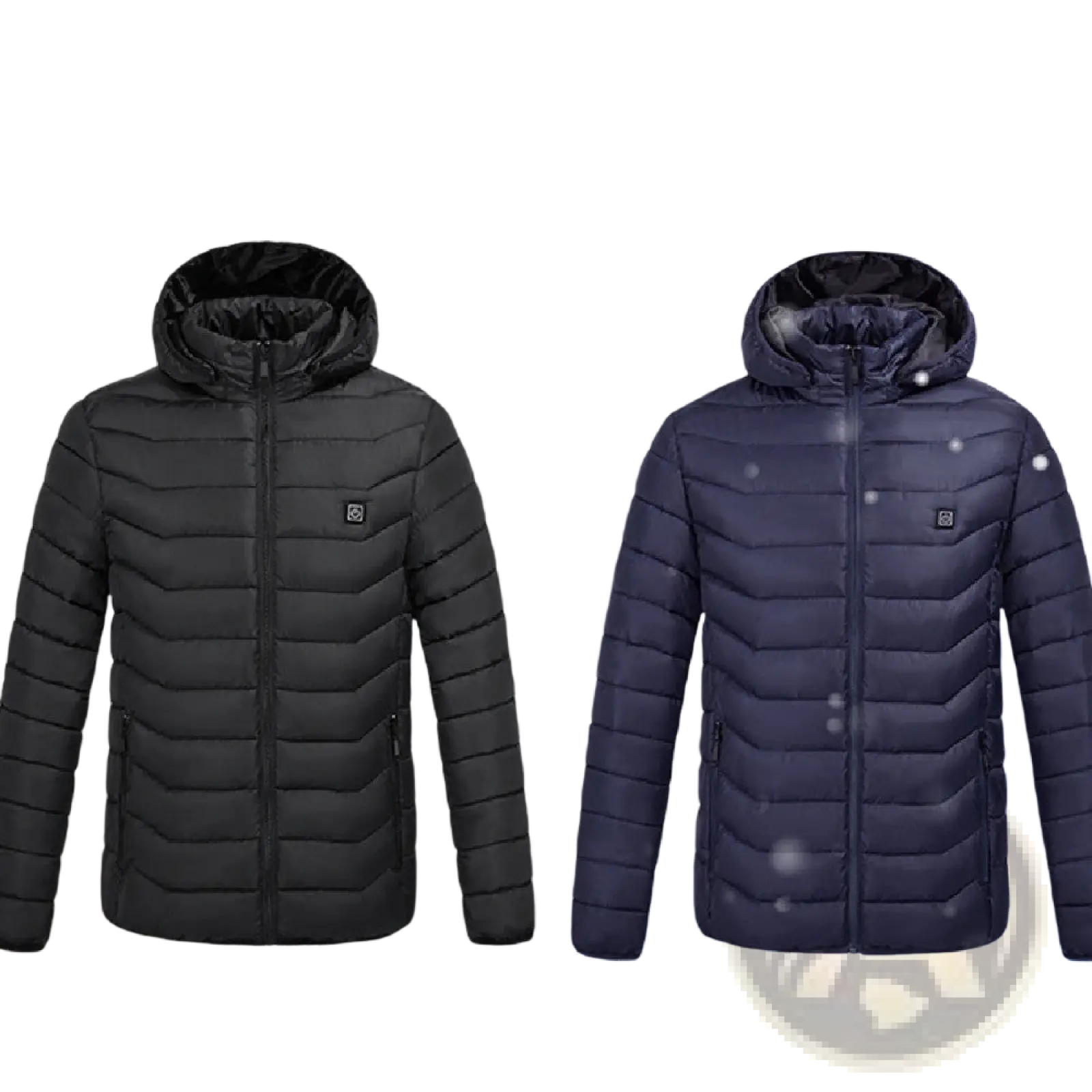 Multi zone quilted electric heated jackets in black and navy blue with detachable hoods and sleek modern design