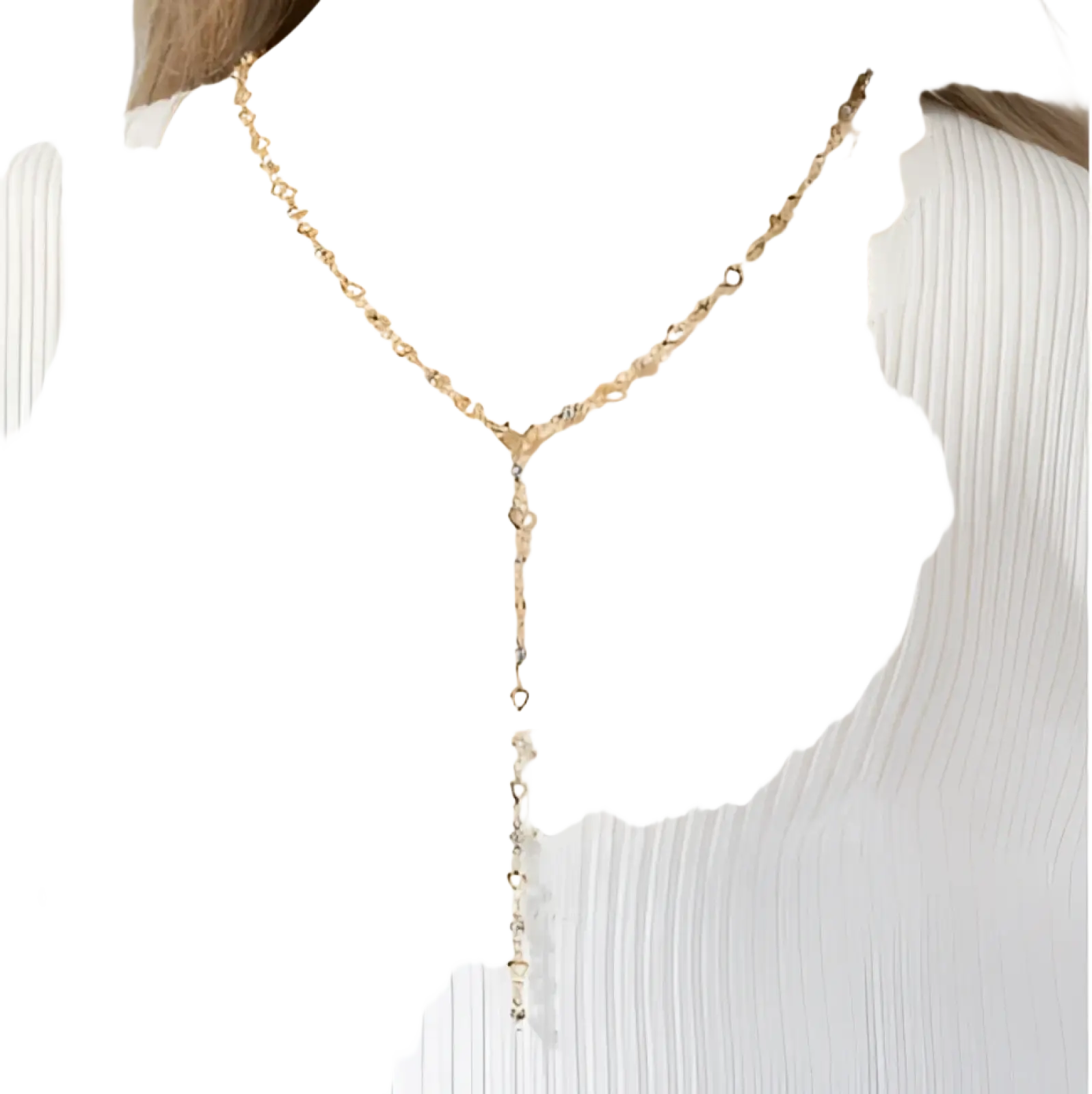 A gold-toned necklace with multicolor crystal geometric pendant and cascading heart-shaped charms with clear stones