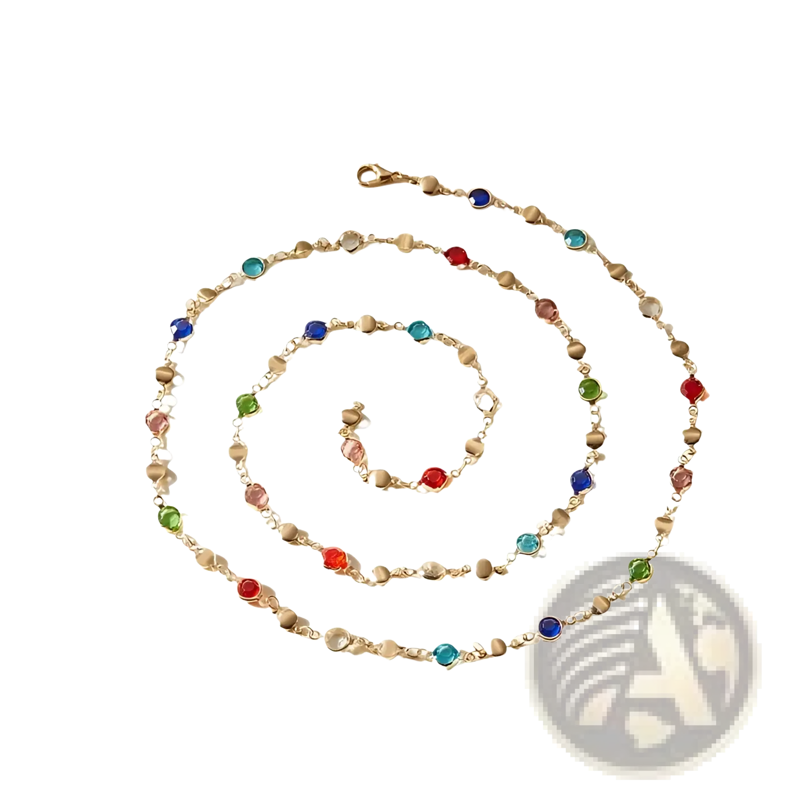 A gold pendant necklace with a spiral of multicolor faceted crystals in red blue green and pink hues