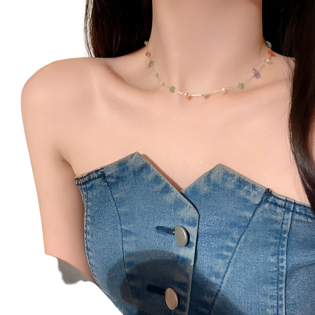 Multicolor gemstone choker necklace with a delicate multi-colored gemstone and thin gold and silver alloy chain
