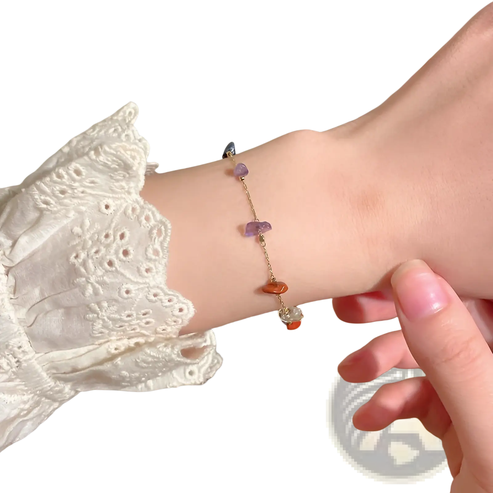 Multicolor gemstone choker with a gold chain featuring colorful irregular purple orange and clear gemstones in gold and silver alloy
