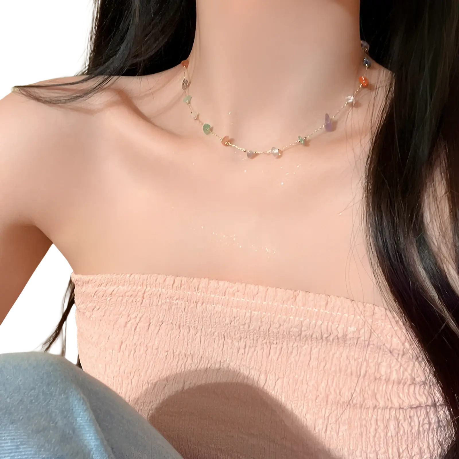 A multicolor gemstone choker necklace with butterfly pendants on a thin gold and silver alloy chain