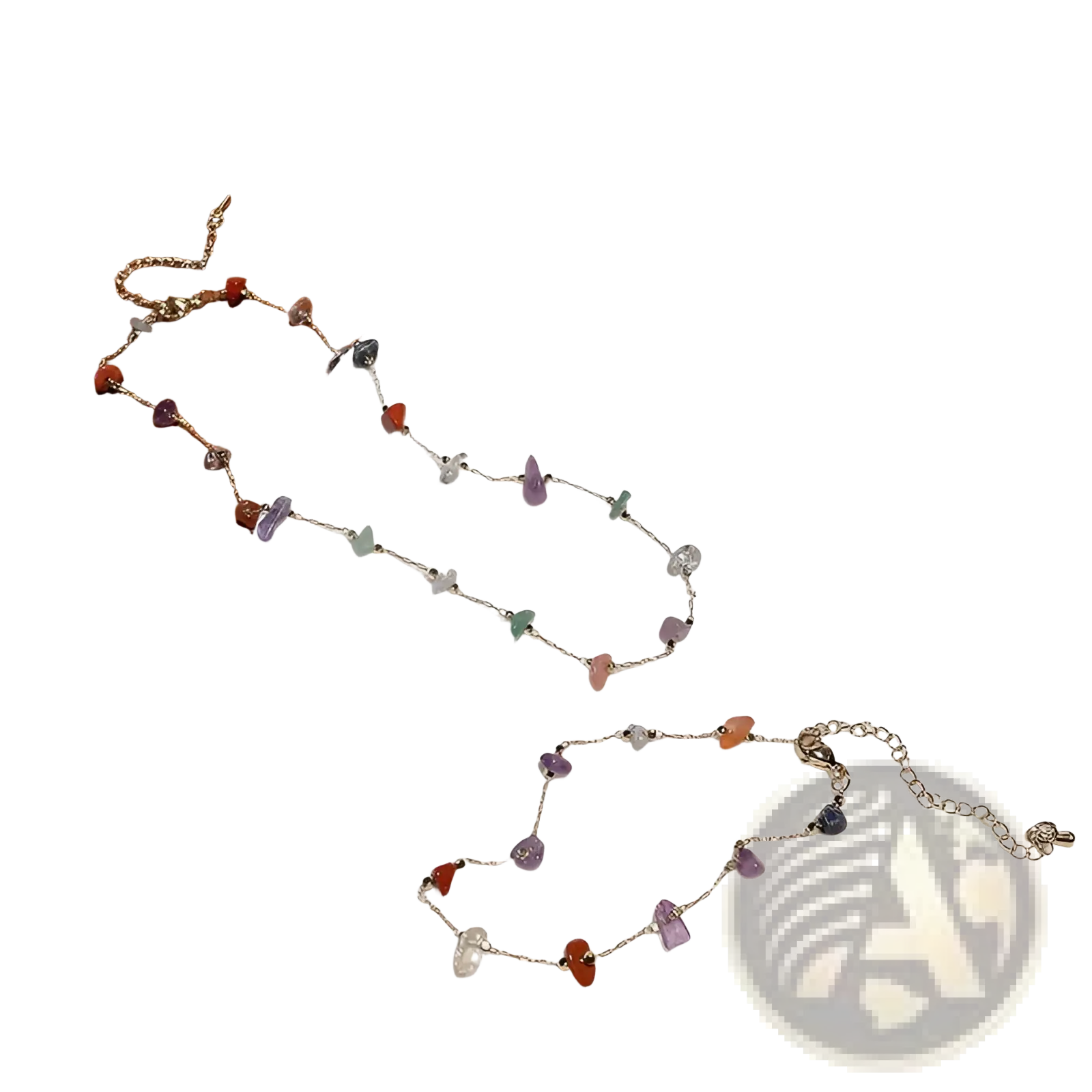 Multicolor gemstone choker in silver alloy with a delicate chain and colorful irregular gemstone beads in red green purple and clear