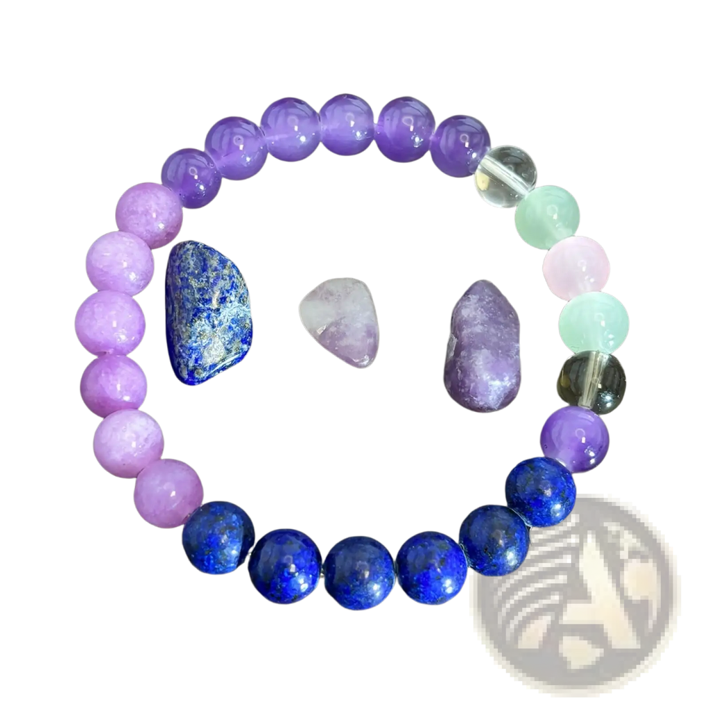 Multicolor gradient fluorite beaded bracelet with smooth round purple and blue stones and a clear crystal accent