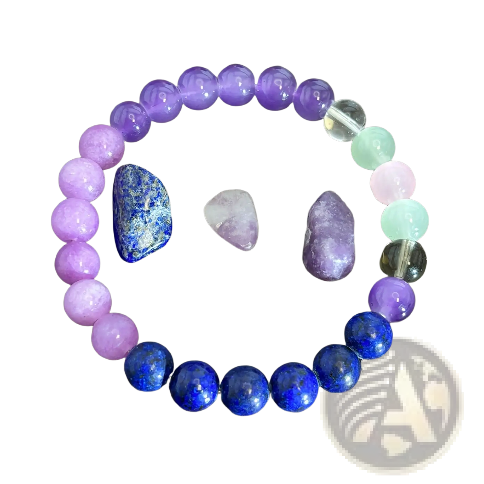 Multicolor gradient fluorite beaded bracelet with smooth round purple and blue stones and a clear crystal accent