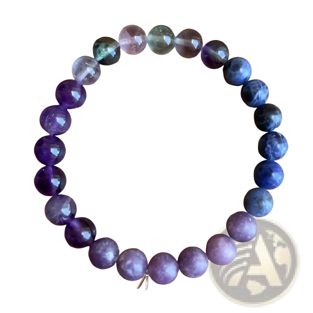Multicolor gradient fluorite beaded bracelet with crystal accent featuring smooth purple blue and green stones