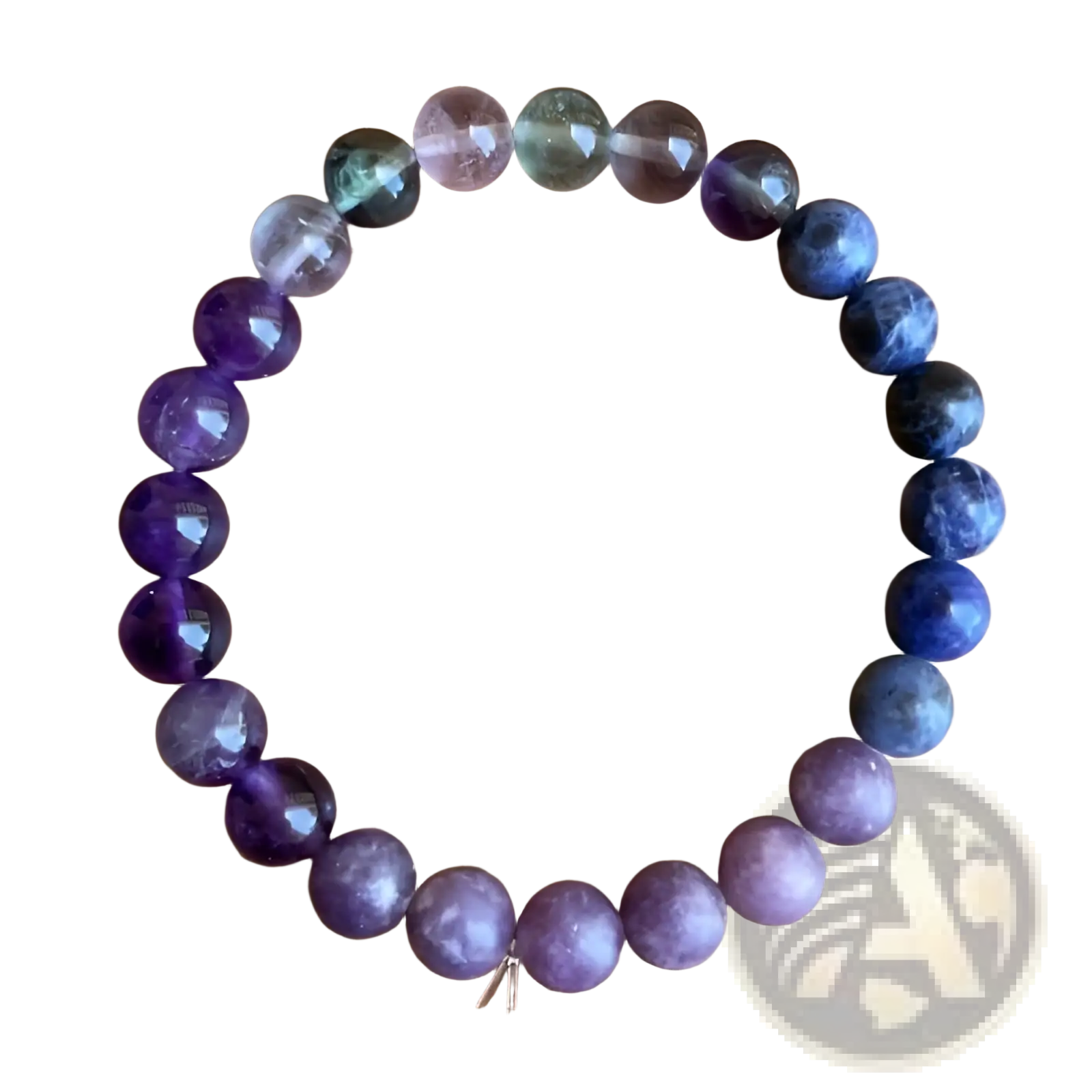 Multicolor gradient fluorite beaded bracelet with crystal accent featuring smooth purple blue and green stones