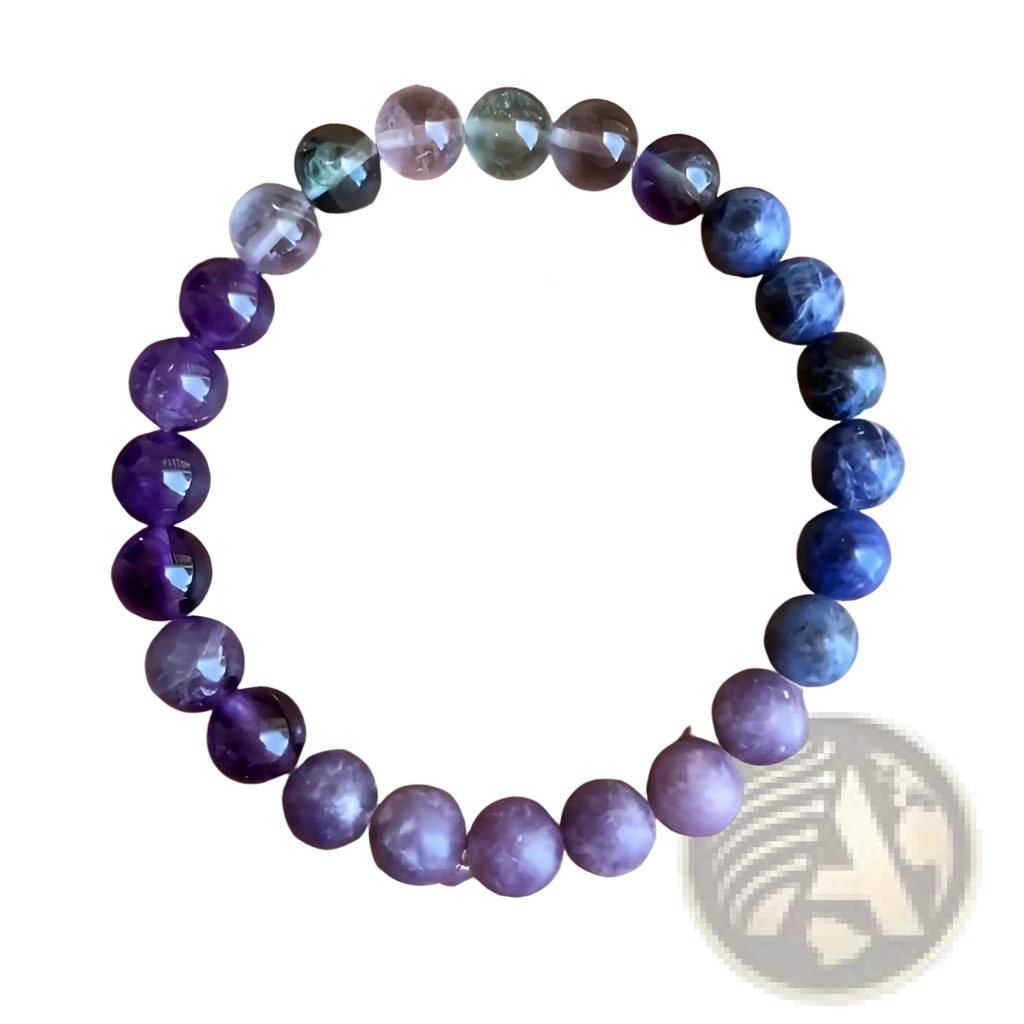 Multicolor gradient fluorite beaded bracelet with crystal accent featuring smooth faceted purple blue and green stones