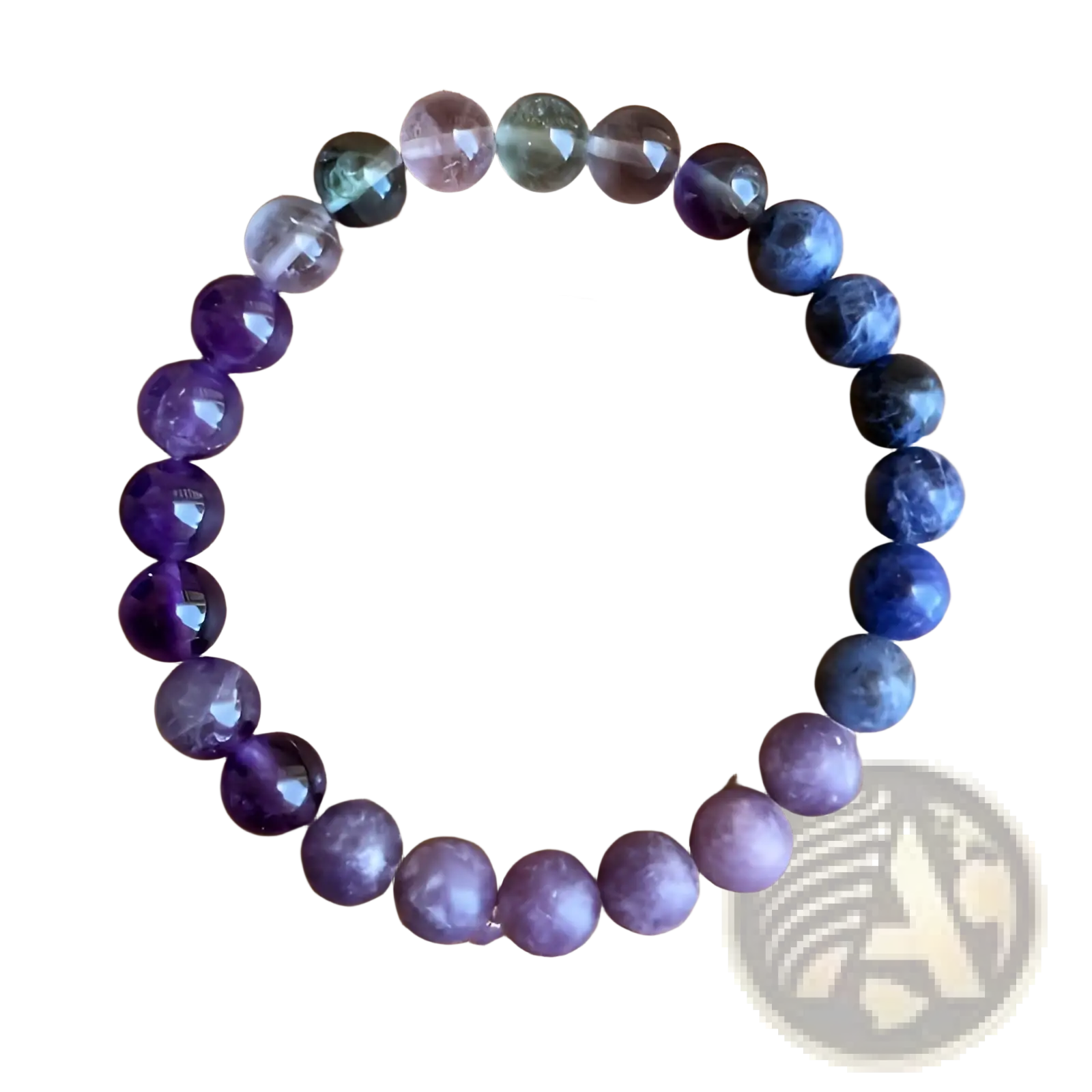 Multicolor gradient fluorite beaded bracelet with crystal accent featuring smooth faceted purple blue and green stones