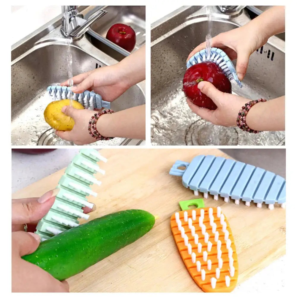Set of colorful flexible silicone vegetable and fruit cleaning brushes in blue mint green and orange with white bristles