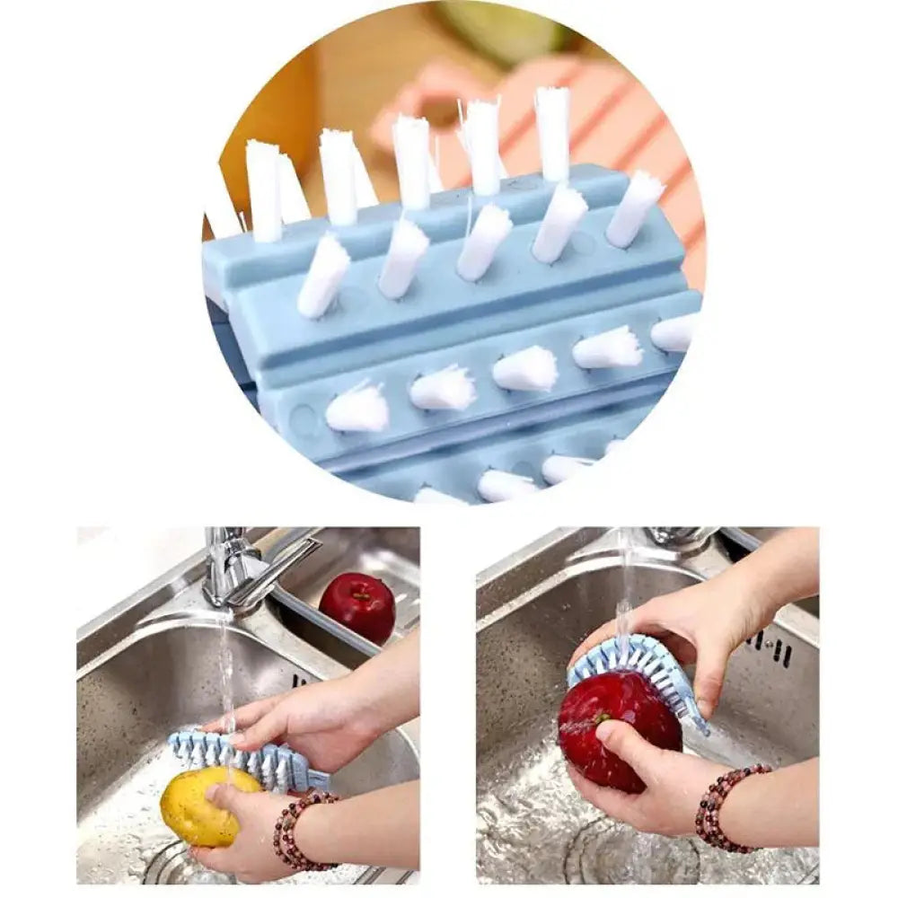 Light blue flexible silicone fruit brush with white bristles for washing vegetables and fruits in the sink