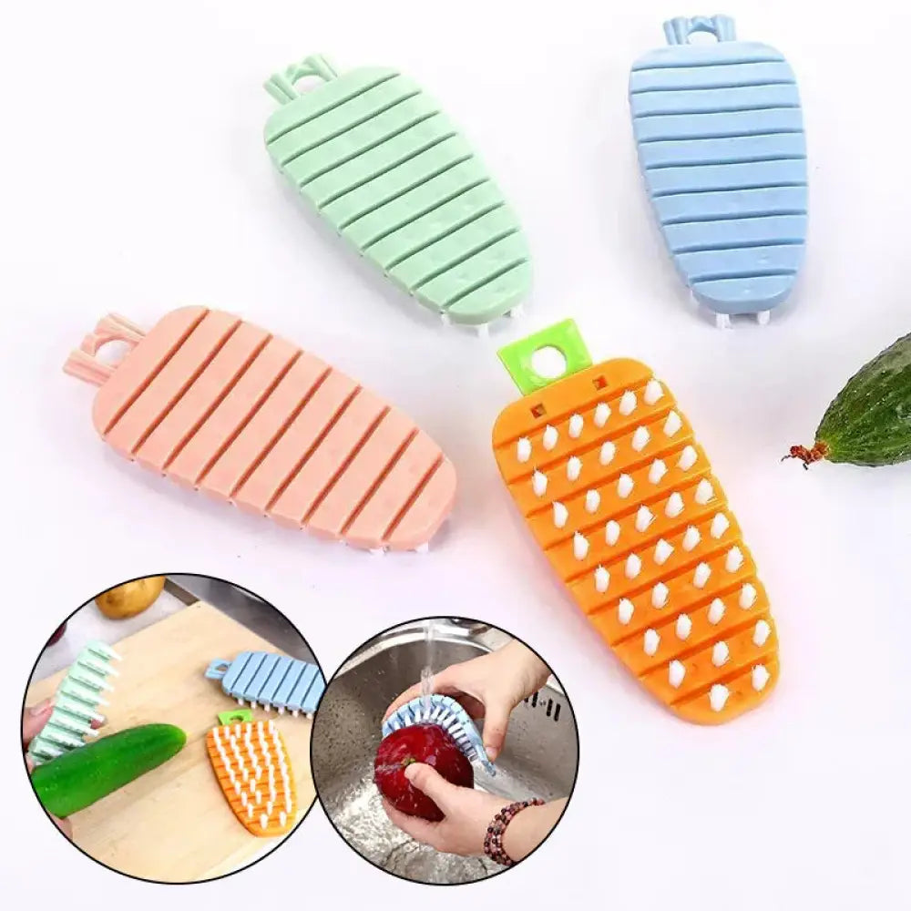 Colorful plastic carrot-shaped flexible silicone vegetable and fruit cleaning brush with bristles for produce cleaning