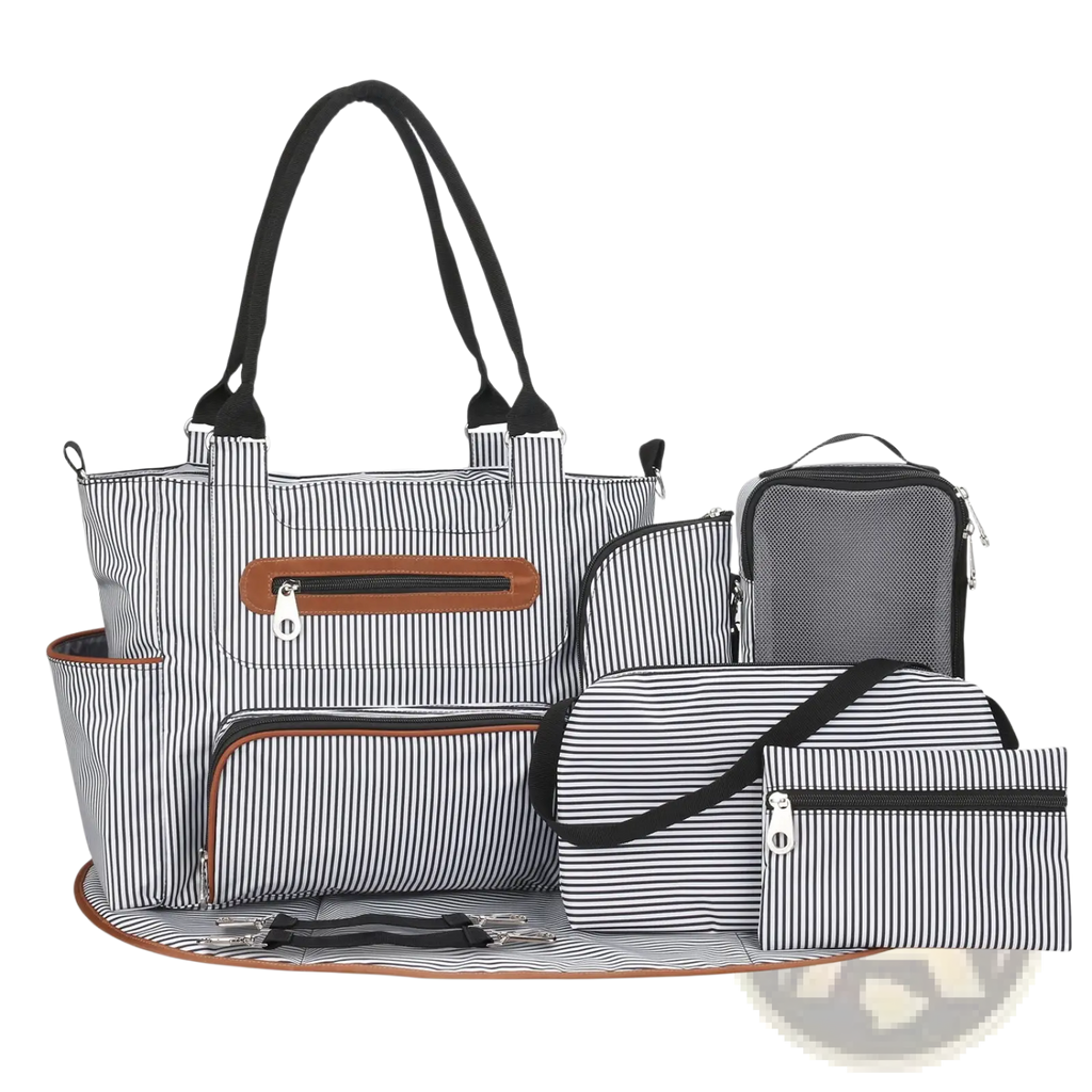 Multifunctional 8 piece striped diaper bag set in black and white with brown leather accents and multiple accessories