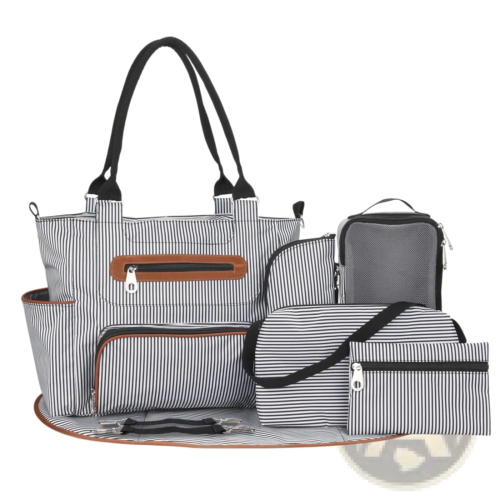 Multifunctional 8 piece striped diaper bag set in black and white with brown leather accents and multiple accessories