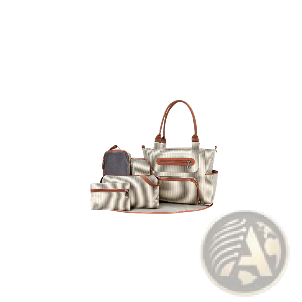 Beige and brown striped multifunctional maternity tote bag with leather handles and multiple compartments from 8 piece set