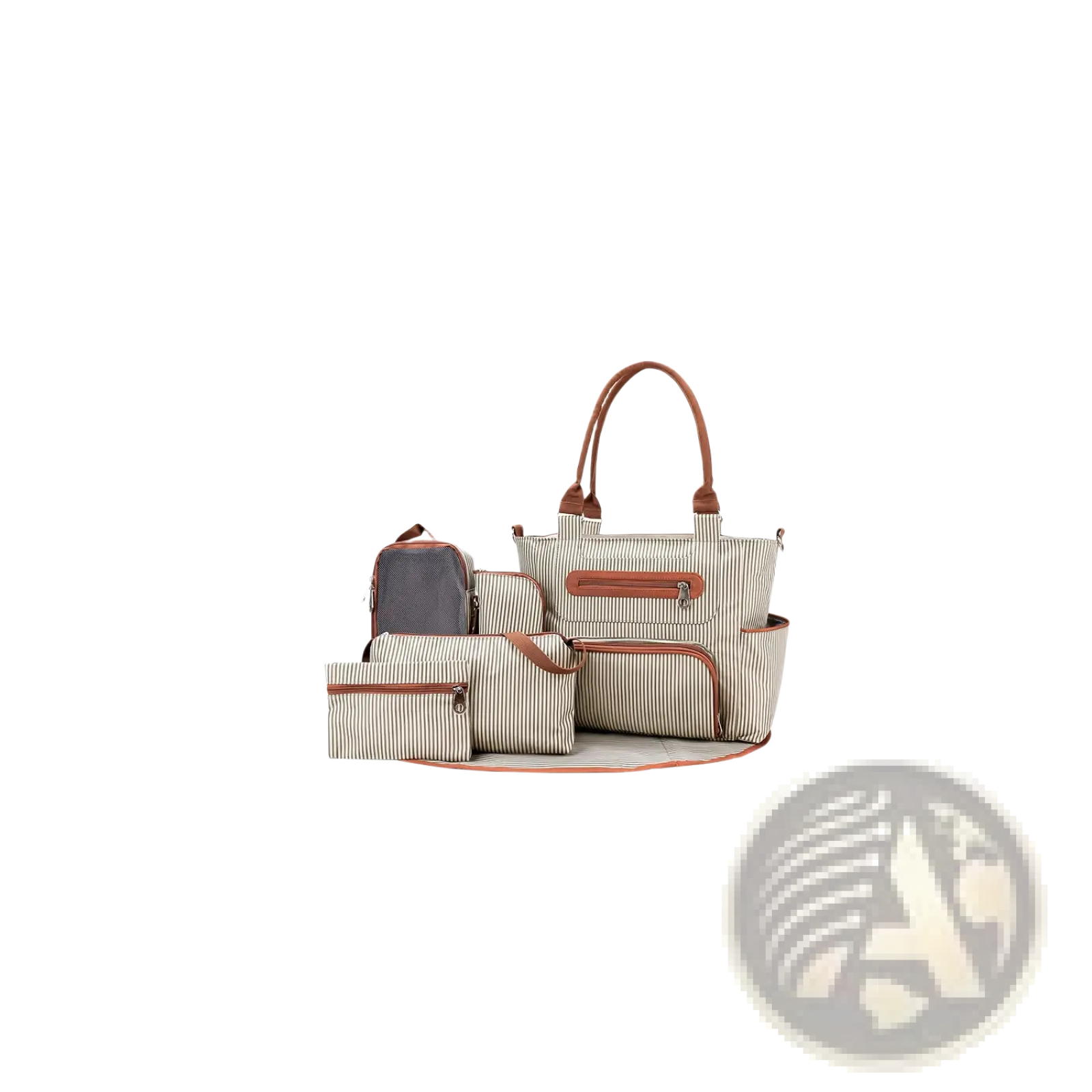 Beige and brown striped multifunctional maternity tote bag with leather handles and multiple compartments from 8 piece set