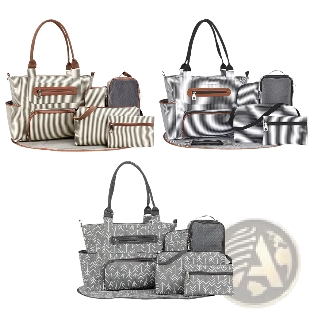 Multifunctional 8 piece striped diaper bag and accessory set in gray and white with brown leather accents for baby essentials