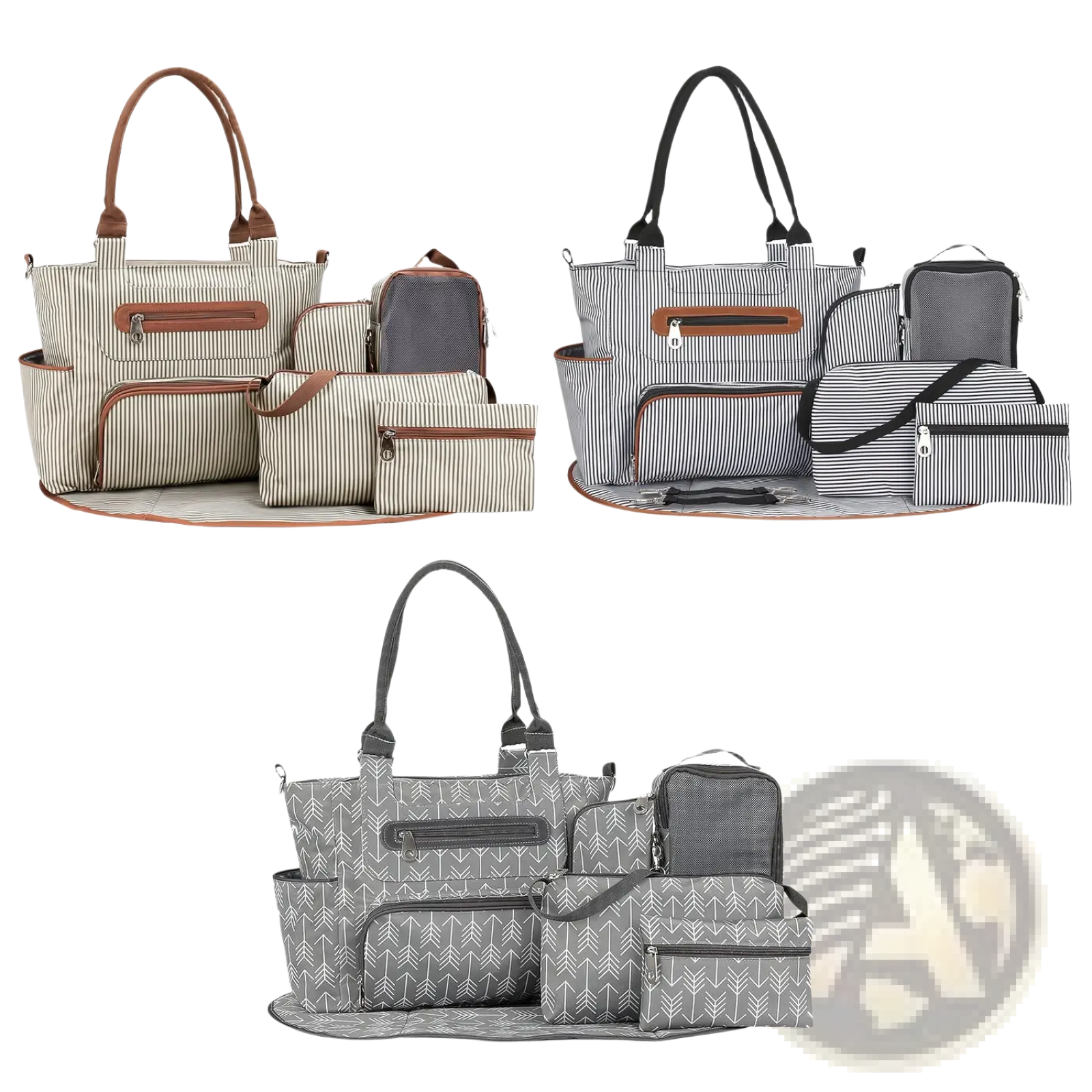 Multifunctional 8 piece striped diaper bag and accessory set in gray and white with brown leather accents for baby essentials