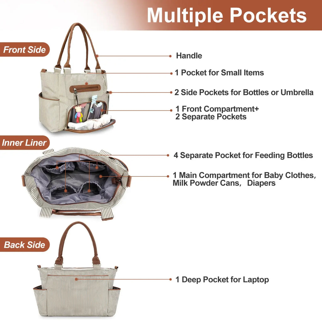 Multifunctional 8 piece striped diaper bag and accessory set beige and white with brown leather handles for easy carrying