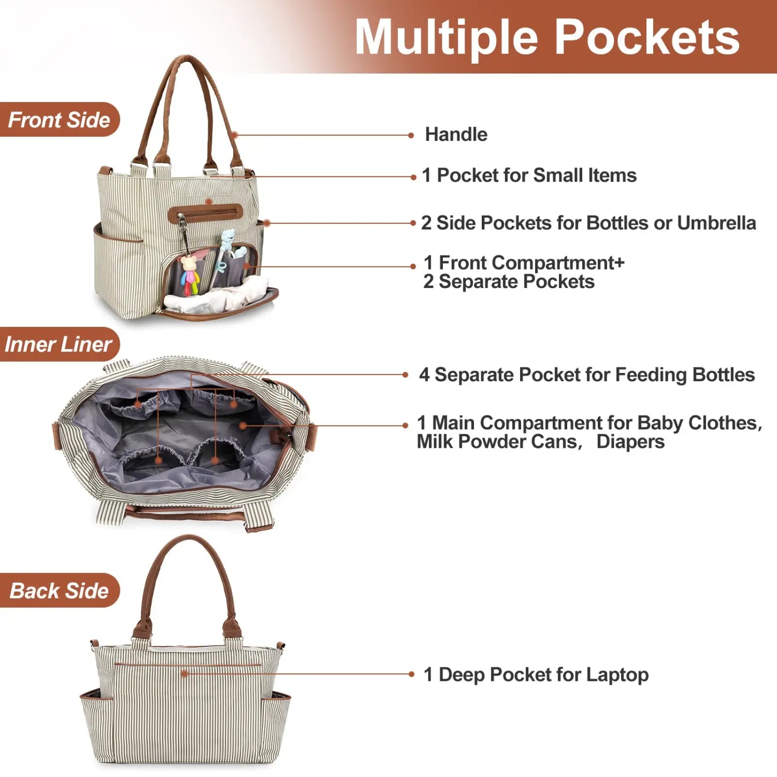 Multifunctional 8 piece striped diaper bag and accessory set beige and white with brown leather handles for easy carrying