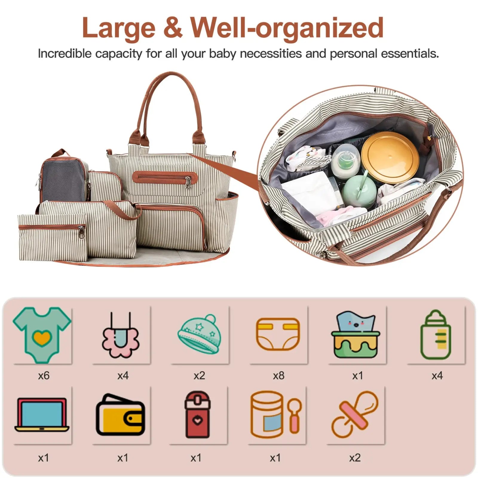 Beige and brown striped multifunctional 8 piece diaper bag and accessory set with matching smaller bags