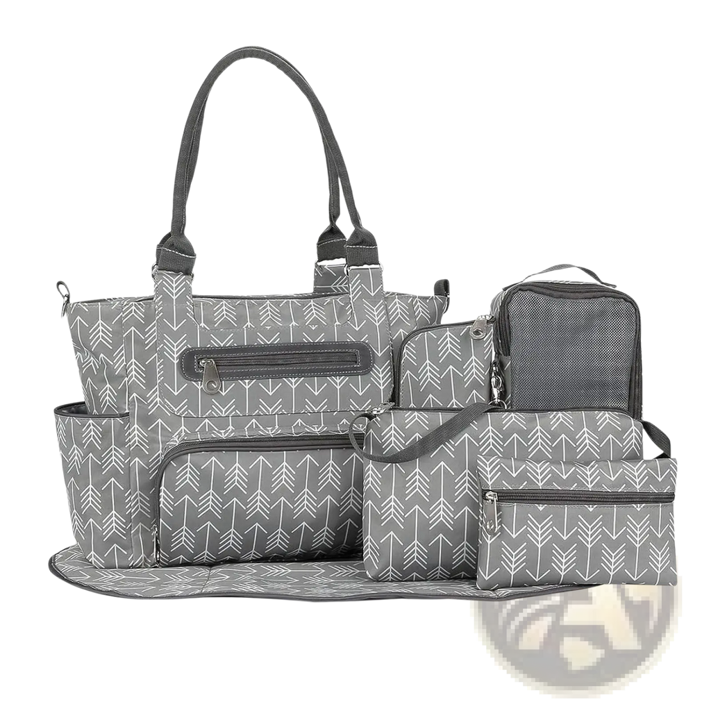 Multifunctional gray arrow patterned diaper bag set with matching accessories and changing mat for organized travel