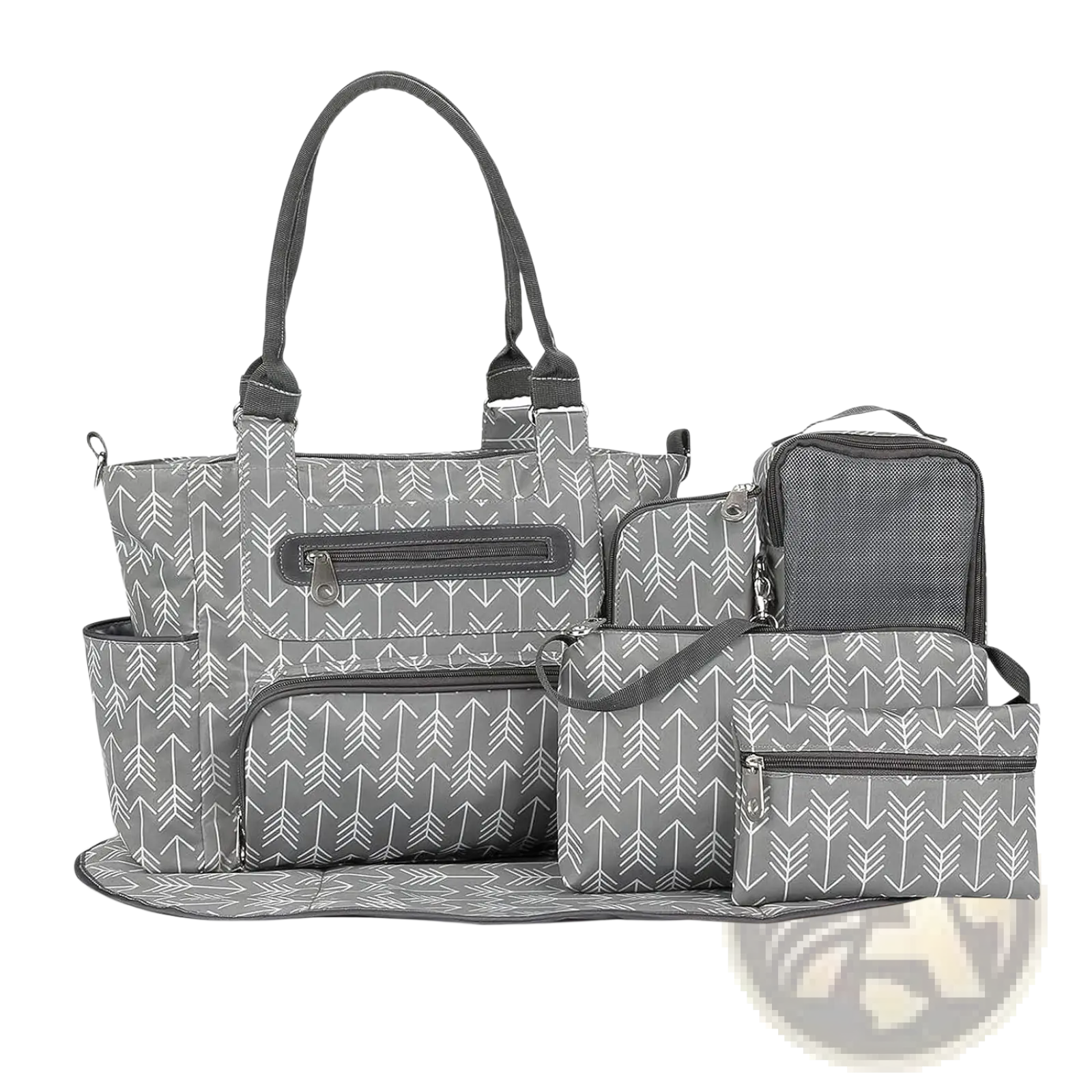 Multifunctional gray arrow patterned diaper bag set with matching accessories and changing mat for organized travel