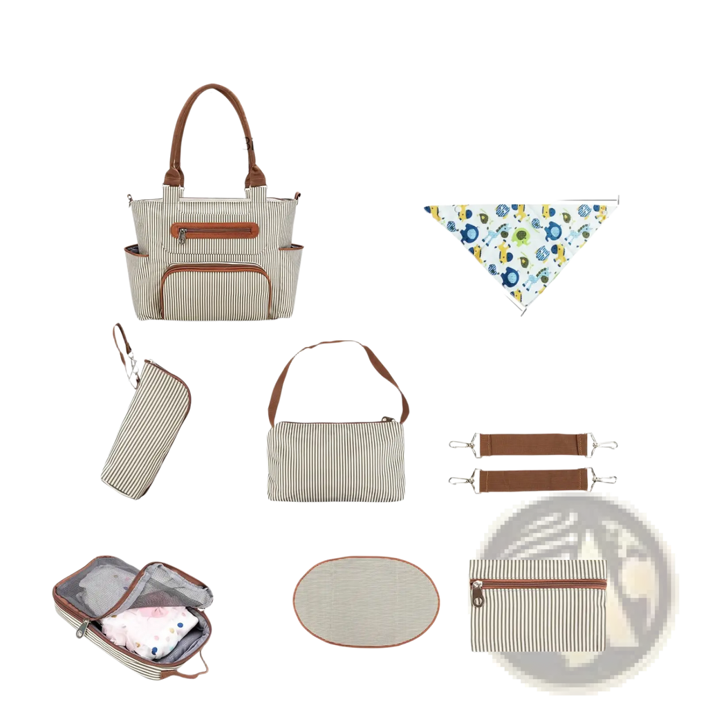 Beige and brown striped multifunctional diaper bag with multiple compartments adjustable straps and front zippered pocket