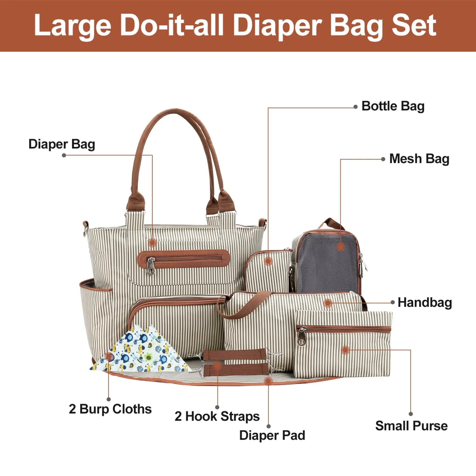 Beige and brown striped multifunctional 8 piece diaper bag set with leather-like handles and accents