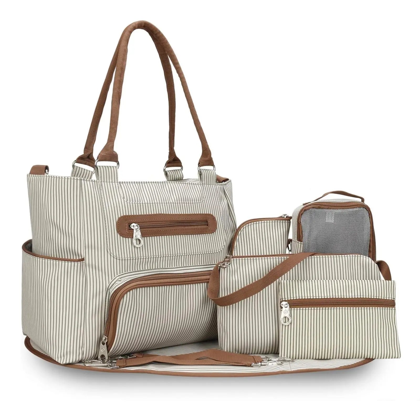 Beige and brown striped multifunctional diaper bag set with eight pieces including matching accessories for organized use