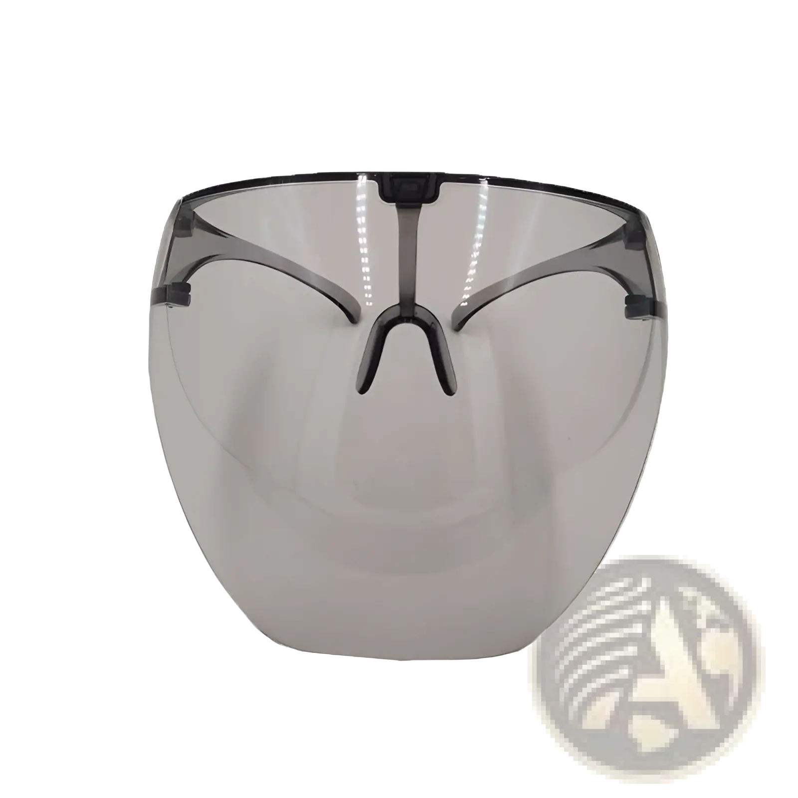 Multifunctional anti-splash iridescent shield sunglasses with a sleek transparent gray face shield and black adjustable frame