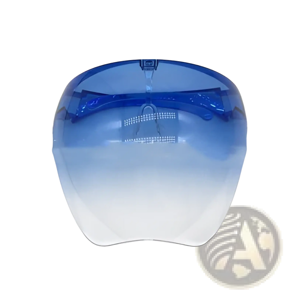 A sleek multifunctional anti-splash iridescent shield sunglasses with gradient blue-to-clear glossy plastic finish and headband
