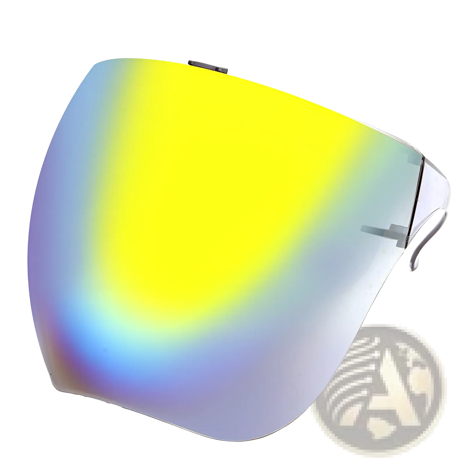 Multifunctional anti-splash iridescent shield sunglasses with vibrant yellow to blue gradient visor and sleek metallic edges