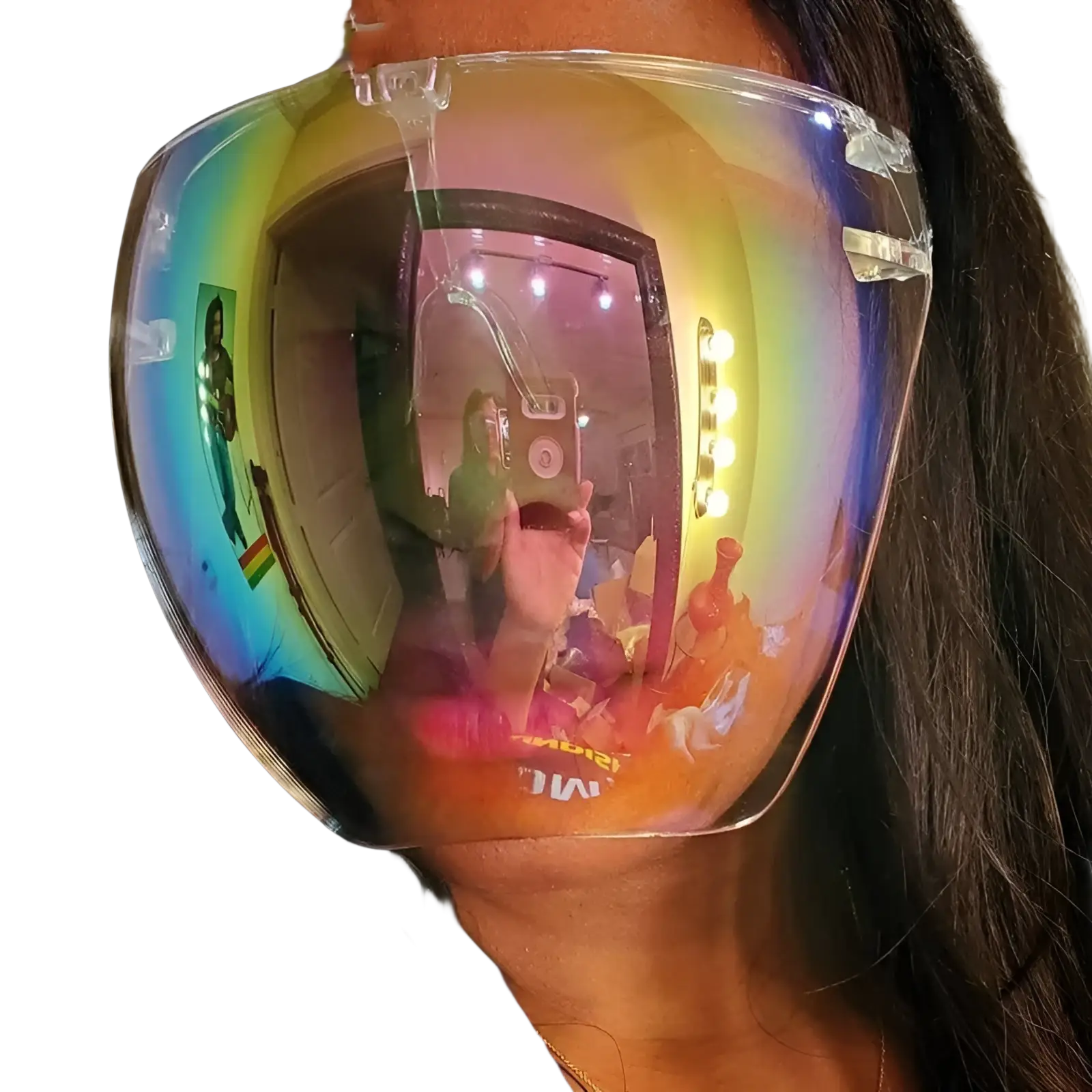 Multifunctional anti-splash iridescent shield sunglasses with clear rainbow reflective face shield and transparent frame