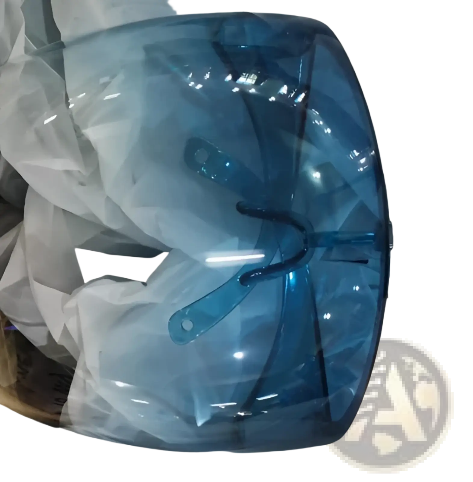 Multifunctional anti-splash iridescent shield sunglasses featuring a blue transparent curved face shield with adjustable straps