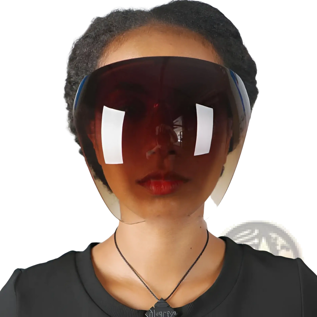 A sleek multifunctional anti-splash iridescent shield sunglasses with dark-tinted face shield and reflective lenses