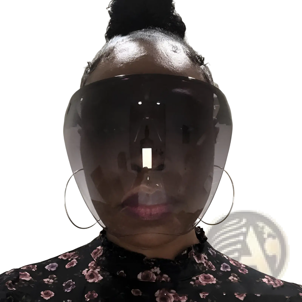 A sleek multifunctional anti-splash iridescent shield sunglasses with transparent dark tint face shield and metallic frame