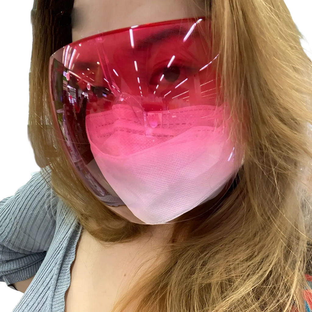 Multifunctional anti-splash iridescent shield sunglasses with a translucent pink face shield and integrated disposable mask