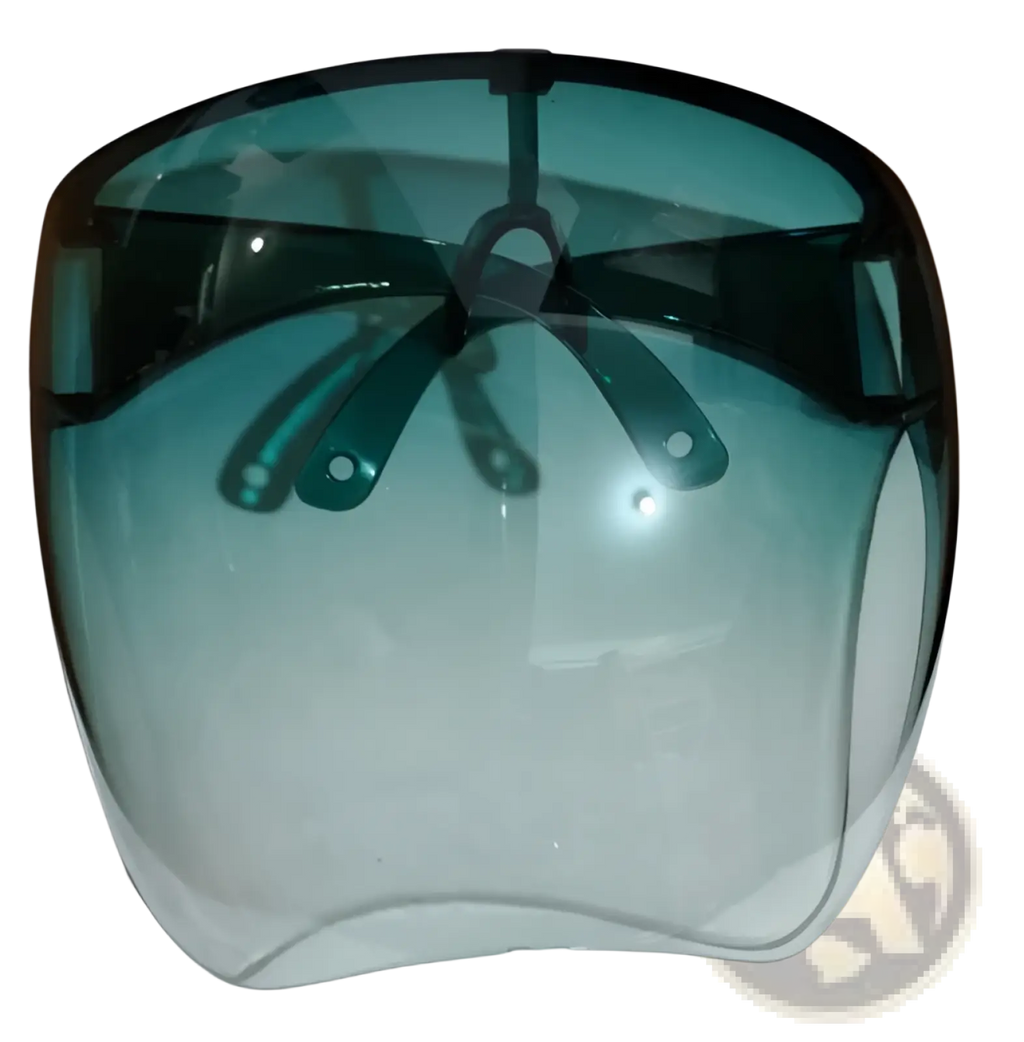 Multifunctional anti-splash iridescent shield sunglasses with a sleek transparent gradient teal face shield and black frame
