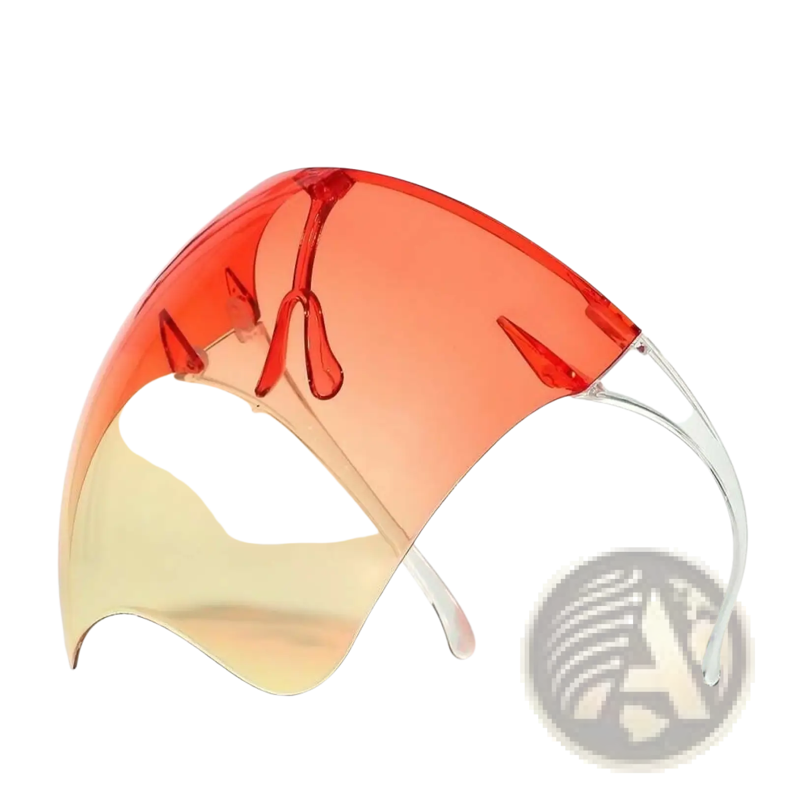 Multifunctional anti-splash iridescent shield sunglasses with sleek gradient red-to-clear curved face shield and transparent frame