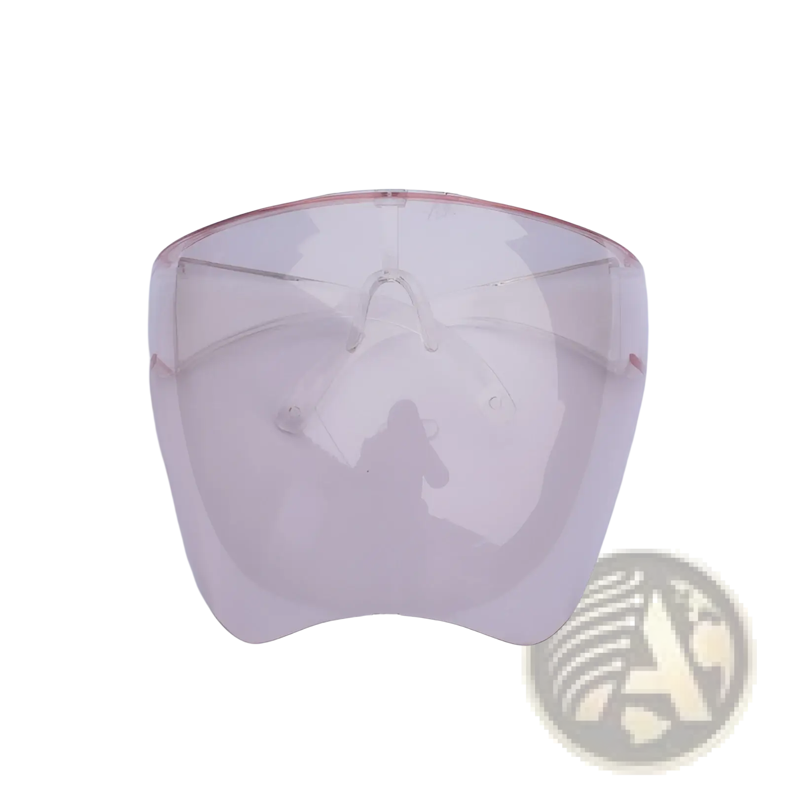 Multifunctional anti-splash iridescent shield sunglasses with a translucent pink curved face shield and clear central visor