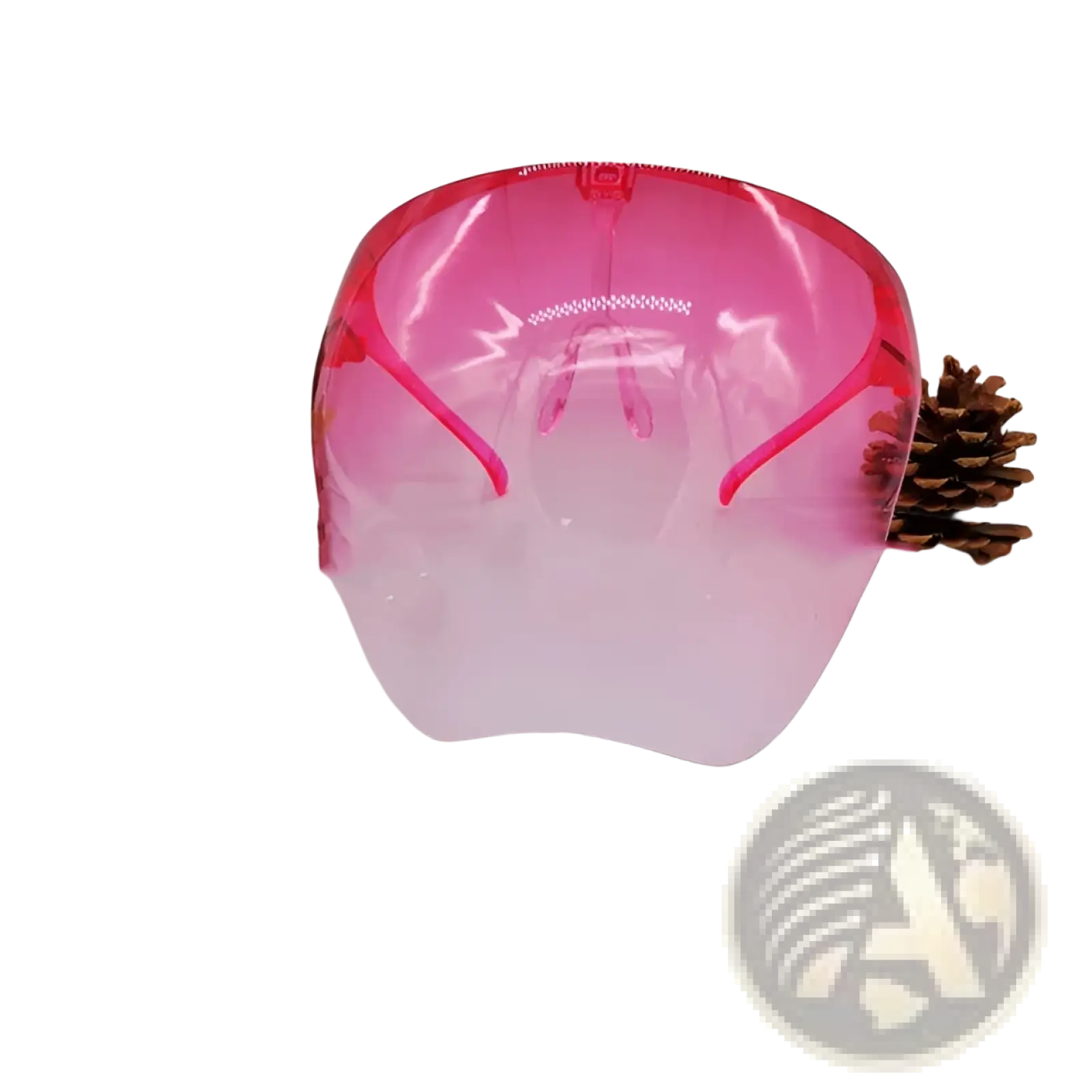 Multifunctional anti-splash iridescent shield sunglasses with a translucent pink face shield and integrated headband straps