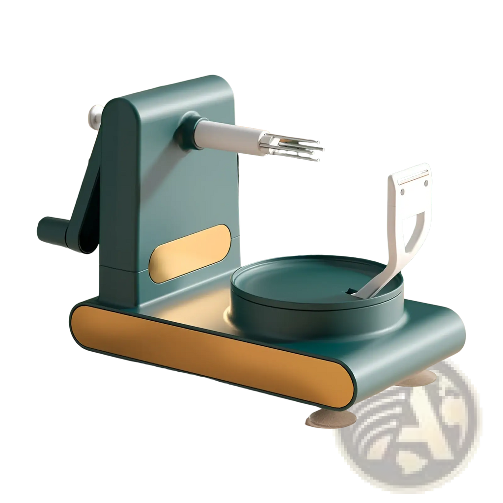 Modern teal and gold-colored manual vegetable peeler with ergonomic design in multifunctional apple peeler and slicer tool kit